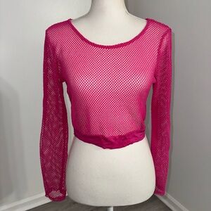 VTG Glitz Hot Pink Fishnet Mesh Crop Top Long Sleeve Y2K‎ Medium